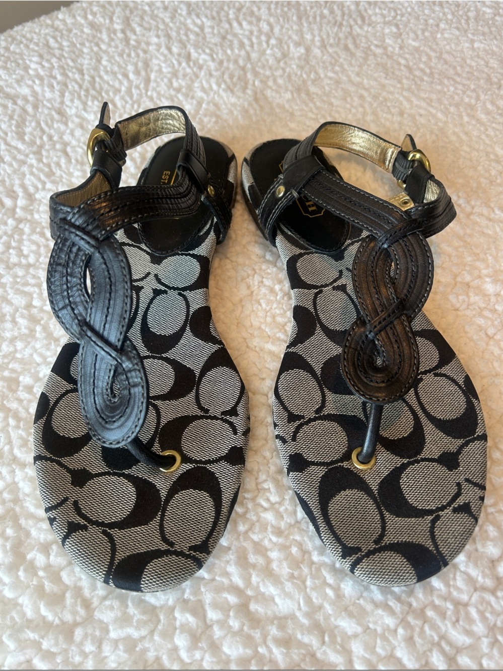 Women’s Coach Black Patterned Sandals with Black Leather Trim